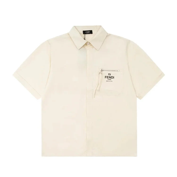 Fendi Men's Cream Short Sleeve Shirt with Zip Pocket