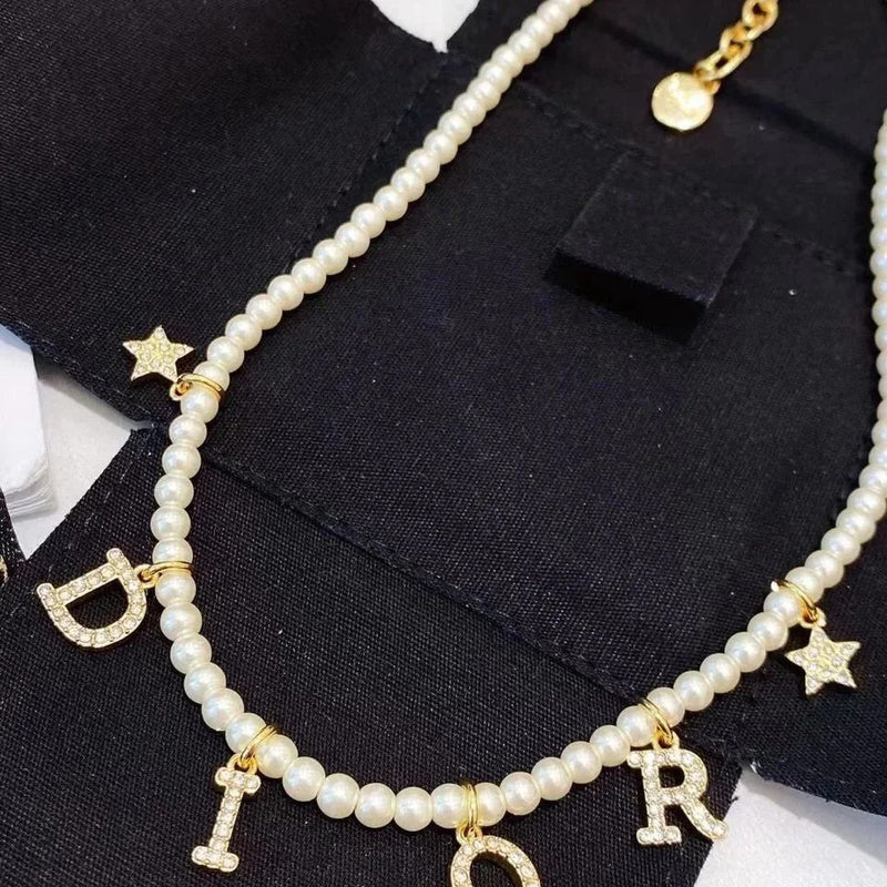 Dior Pearl Letter Charm Necklace