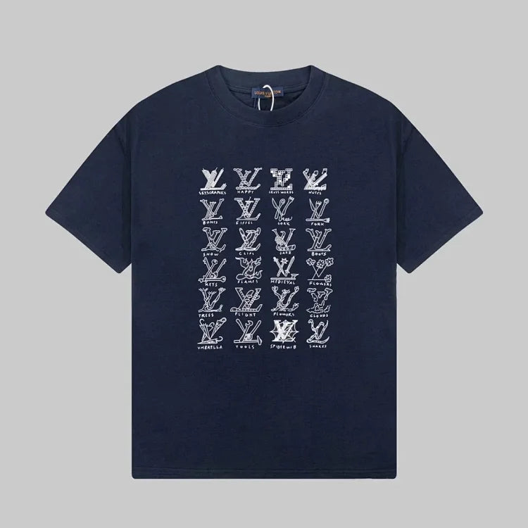 Louis Vuitton Men's Navy Blue T-Shirt with Logo Variations - Luxury Fashion