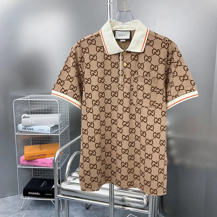 Gucci GG Pattern Polo Shirt for Men - Brown with White Collar