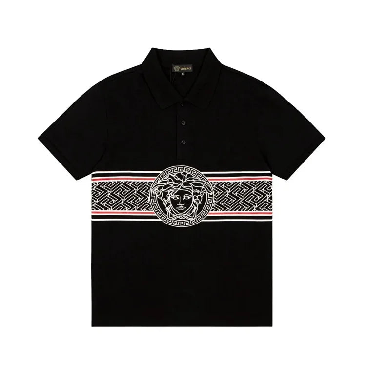 Versace Men's Black Polo Shirt with Medusa Logo and Greek Key Pattern