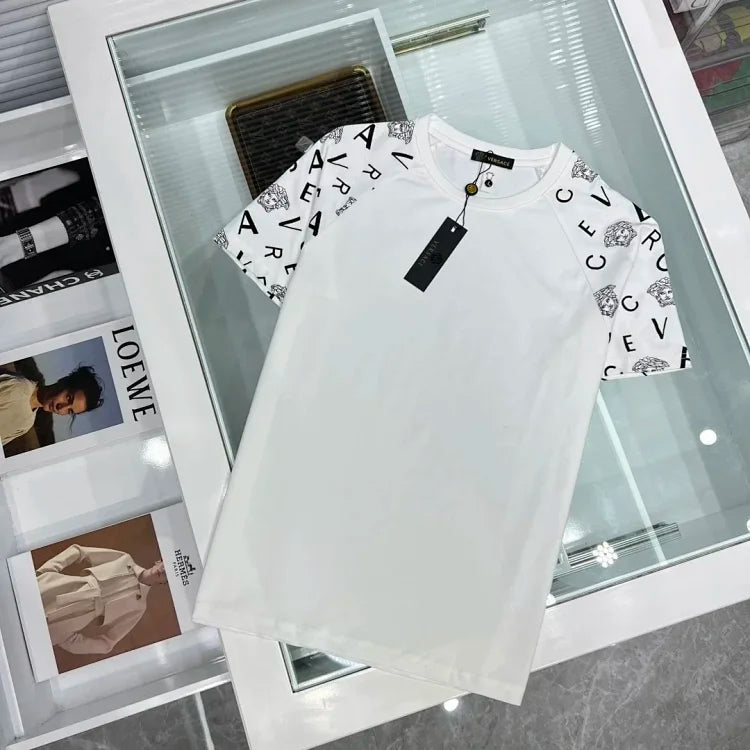 Versace Men's Short Sleeve T-Shirt with Logo Print Sleeves - Luxury Fashion Apparel