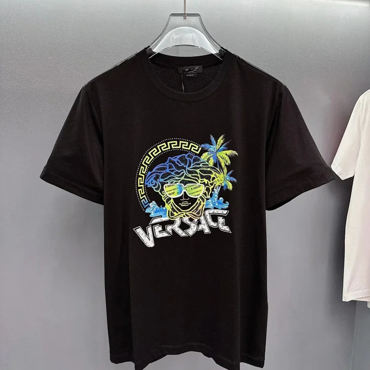 Versace Men's Black T-Shirt with Tropical Graphic Design