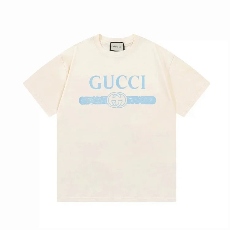 Gucci Men's Short Sleeve T-Shirt - Cream with Blue Logo