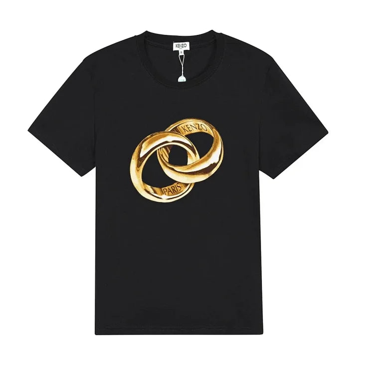 KENZO Men's Black T-Shirt with Gold Rings Logo