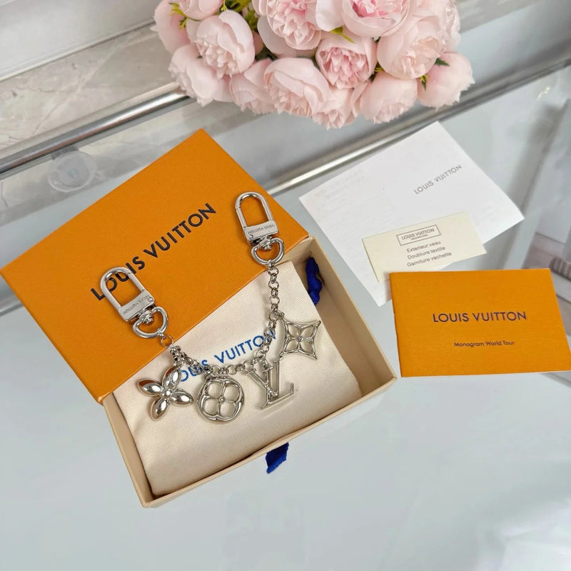 Louis Vuitton Monogram World Tour Metal Chain Keychain with Flower and Letter Charms