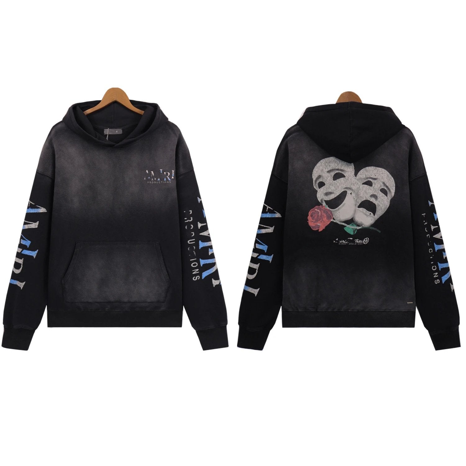 AMIRI Productions Washed Hoodie with Abstract Theater Mask & Rose Print