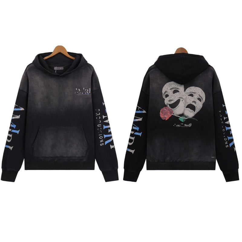 AMIRI Productions Washed Hoodie with Abstract Theater Mask & Rose Print