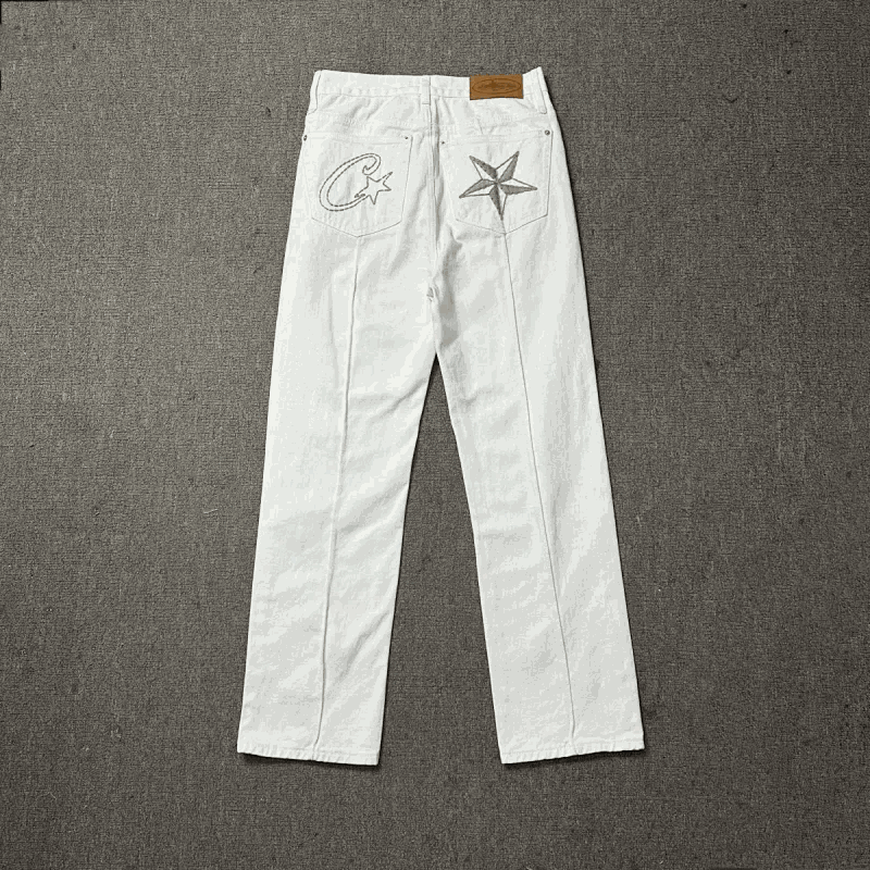 Corteiz Denim Set [White Jeans with Embroidered Star and C Logo]