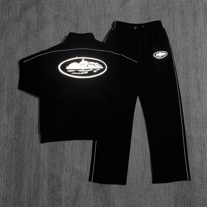 Corteiz 3M Tracksuit [Black with Reflective Logo & Side Stripes]